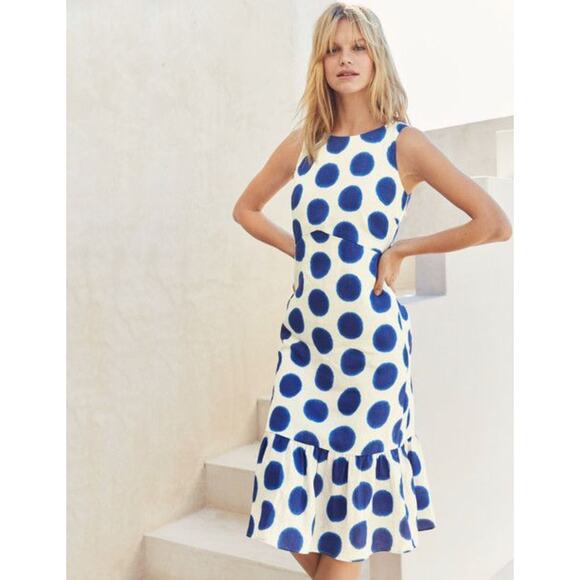 BODEN Constance Midi Linen Dress Blue White Polka Dot {3L8} - Picture 1 of 6